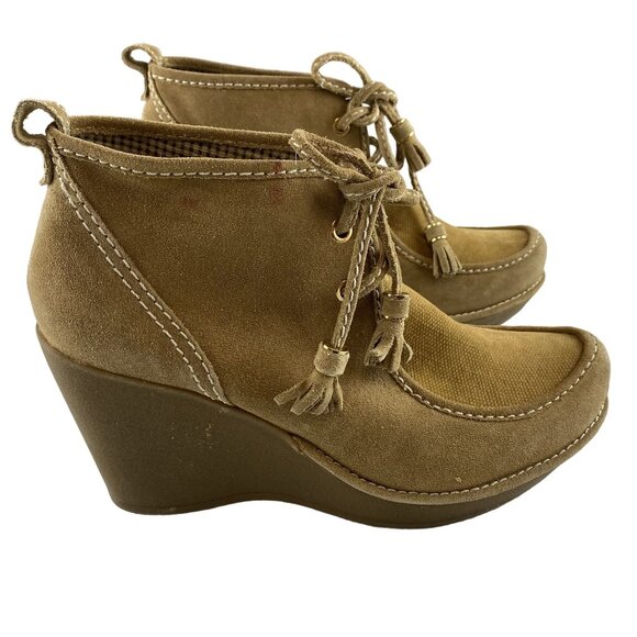 Report Women  9 Anika Preppy Boho Chic Classic Tan Suede Lace-Up Wedge Boots NWB - Picture 4 of 16